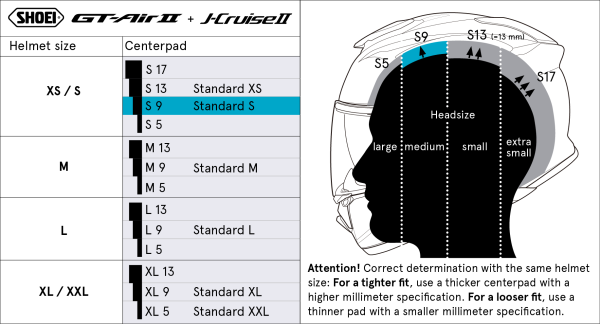 Shoei Päälaen pehmuste GT-Air2/J-Cruise2 S9